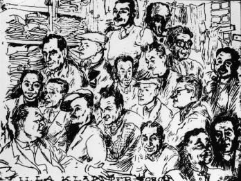 Line drawing of the faces of men and women close together in a cramped room.