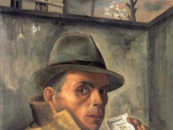 Painting of man in a black hat looking at viewer, lifting his coat collar with his right hand to reveal a yellow Star of David badge and holding up an identity card with his left hand.