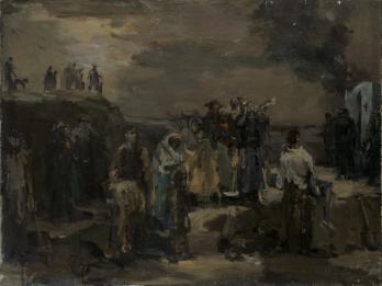 Painting depicting men and women gathered in and above ravine.