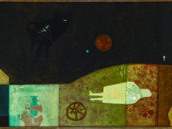 Surrealist-style landscape painting featuring an animal and moon in the sky, house in landscape, and a horizontal figure, wheel, and vase beneath the ground.