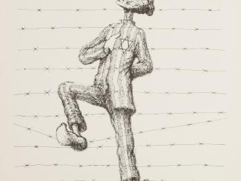 Drawing of full body profile of man behind barbed wire with foot propped on wire, dressed in prisoner uniform with Star of David badge on breast and right hand tucked in uniform.