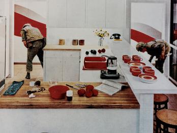 Photomontage depicting two soldiers surveying terrain outside the back of a modern kitchen, with cookware and mugs set out on the countertop and several stools along counter.