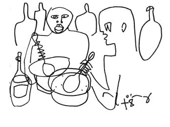 Line drawing of two figures holding utensils in bowls. 