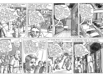 Comic separated into 8 panels featuring man on street corner giving lecture about butcher shops and iniquity to passers-by. 