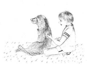 Drawing of child sitting next to dog. 