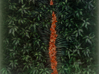 Painting of vertical row of flowers surrounded by leaves.