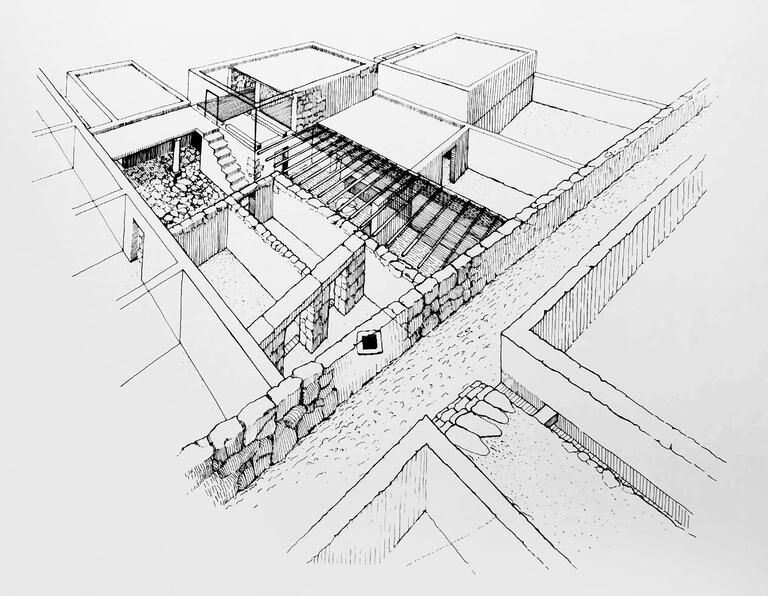 A black-and-white sketch showing an aerial view of a house with stone walls, open courtyards, steps, and flat roofs, bordered by intersecting walkways.