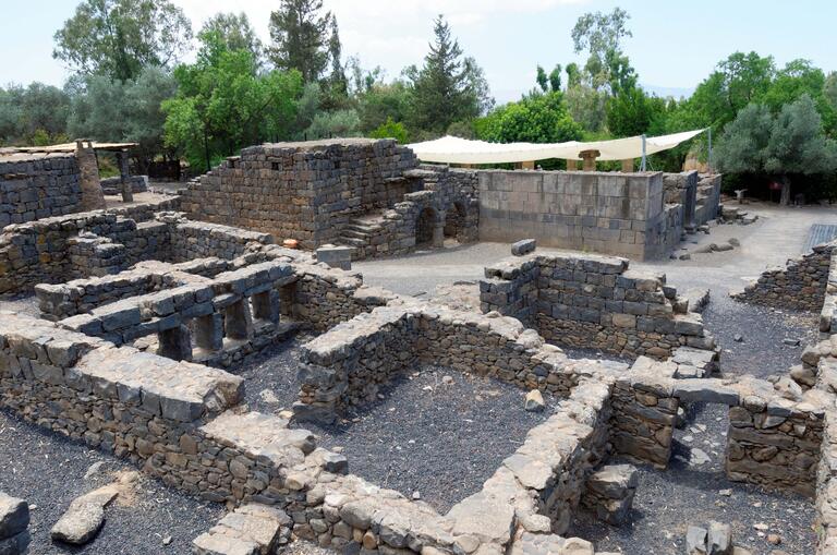 Stone ruins with partial walls, including some with window-like openings, surrounded by trees and greenery; shade cloths are stretched above part of the site.