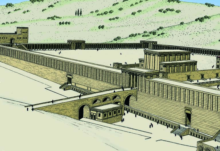 An illustrated reconstruction of an ancient temple complex with high stone walls, arched gateways, and several large buildings, set against a hilly landscape with scattered trees.