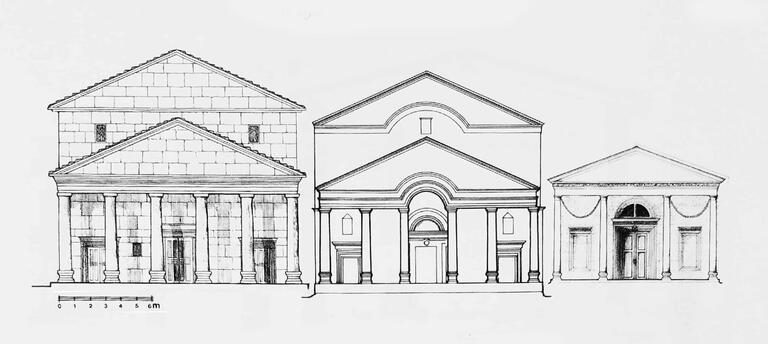 Architectural drawing shows three classical buildings with front facades featuring columns and triangular pediments, displayed side by side with a measurement scale at the bottom left.