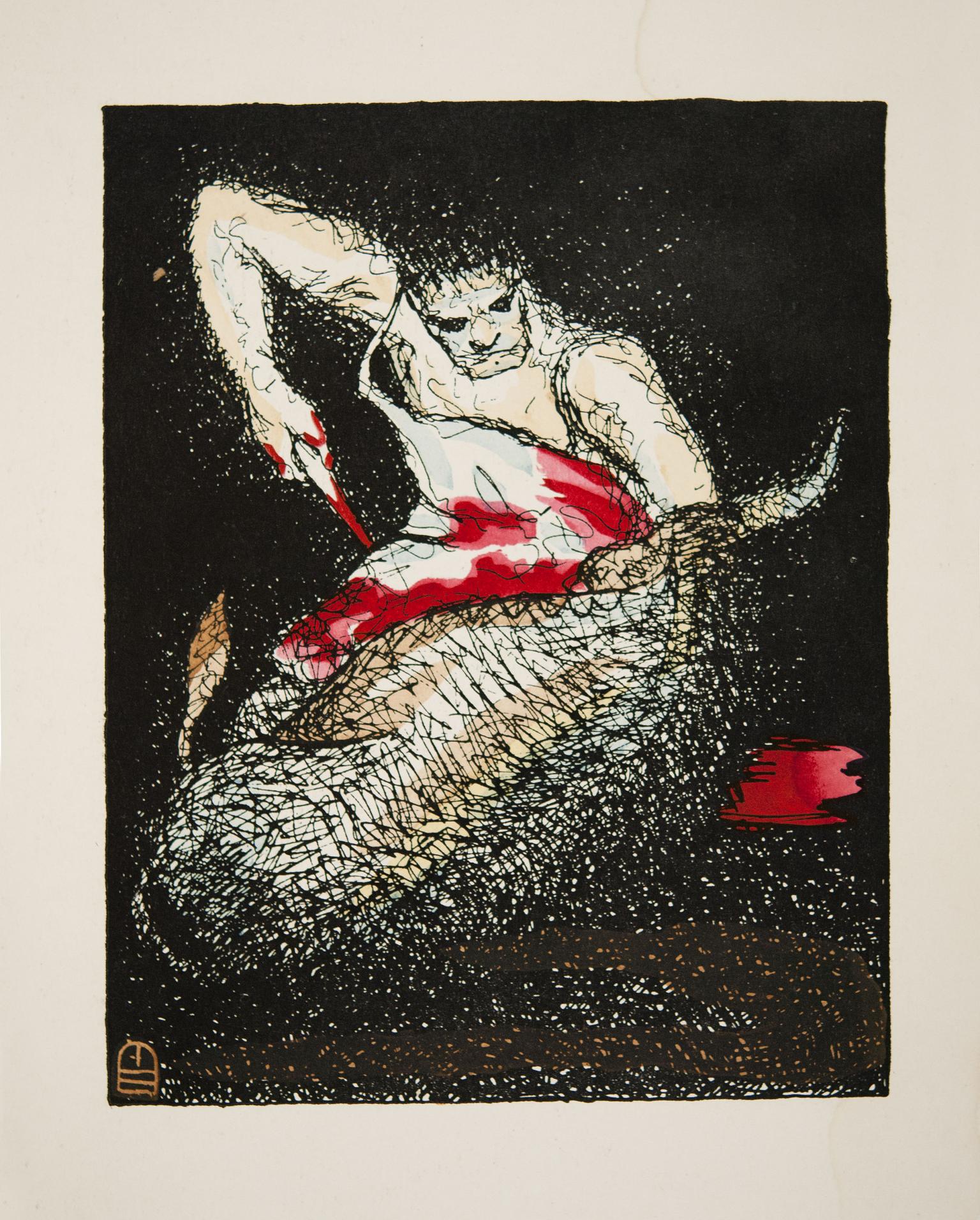 Illustration of man in a bloody apron holding a bloody knife as he begins to slaughter a large animal.