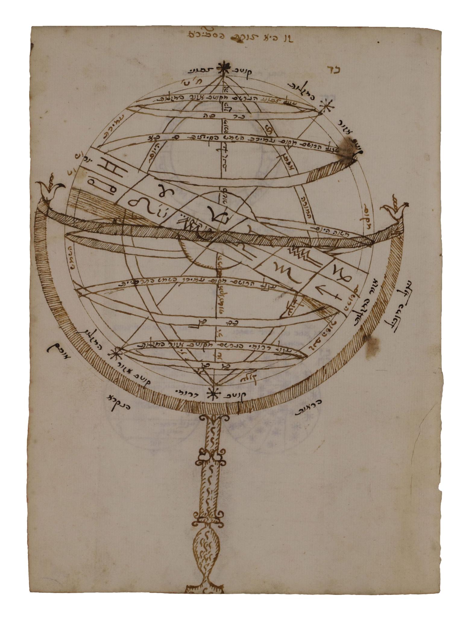 Illustration of a sphere circled by rings at various angles, including illustrations of zodiac symbols.