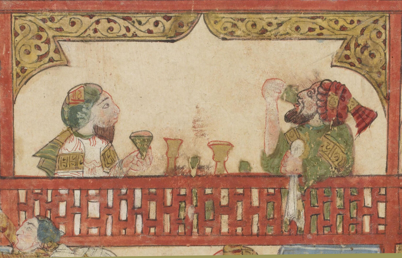 Illustration of two men in robes and turbans sitting behind railing, under a decorated covering, drinking from goblets and talking.