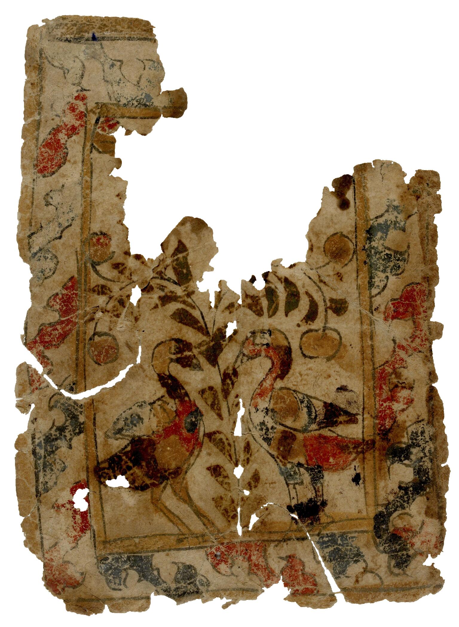 Fragment of a worn page depicting two birds facing each other among branches and fruits, with a decorated border.