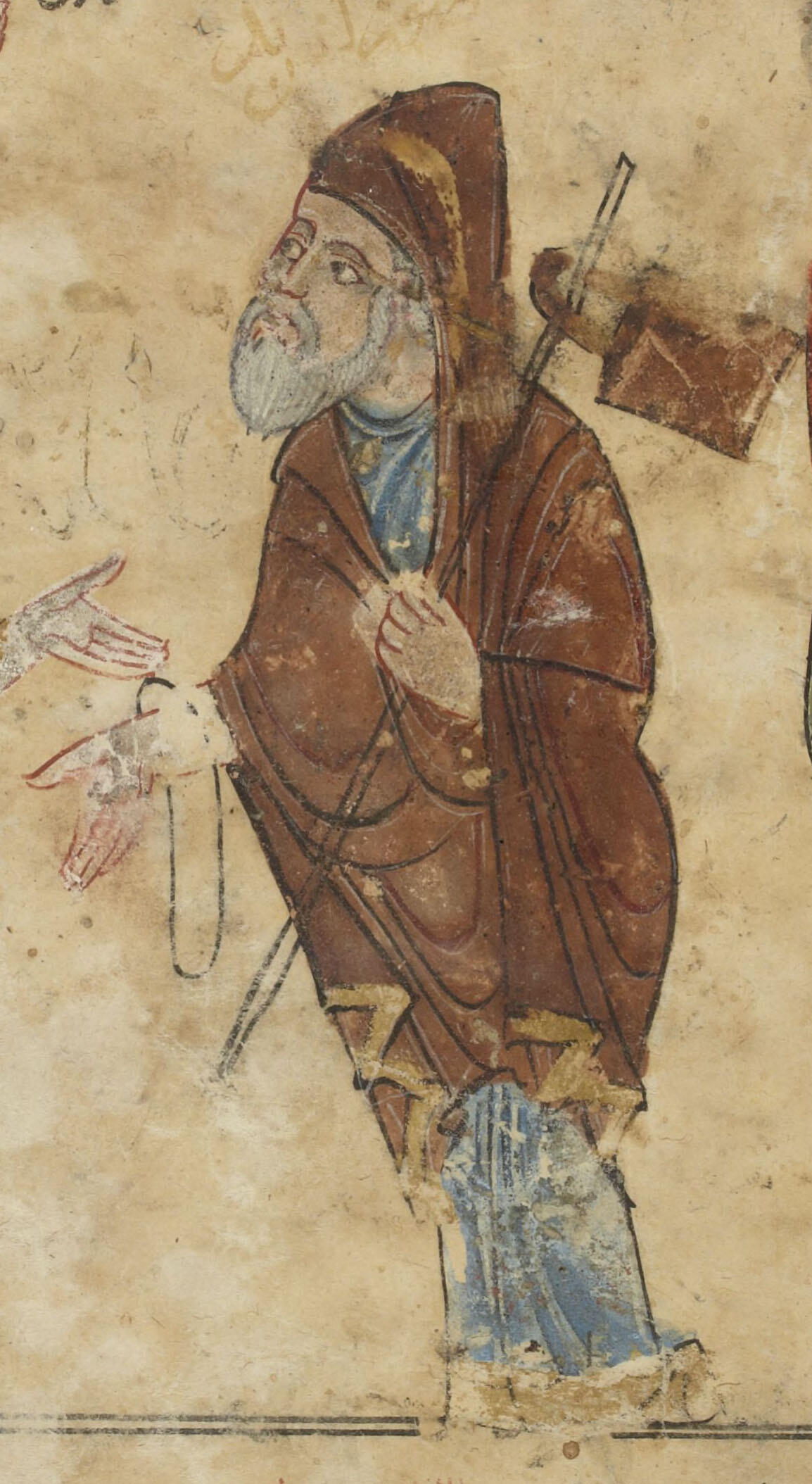 Illustration of a bearded man in a robe holding a staff over his shoulder with a bag hanging from it, reaching his hand out toward another hand extended from the left edge of the image.