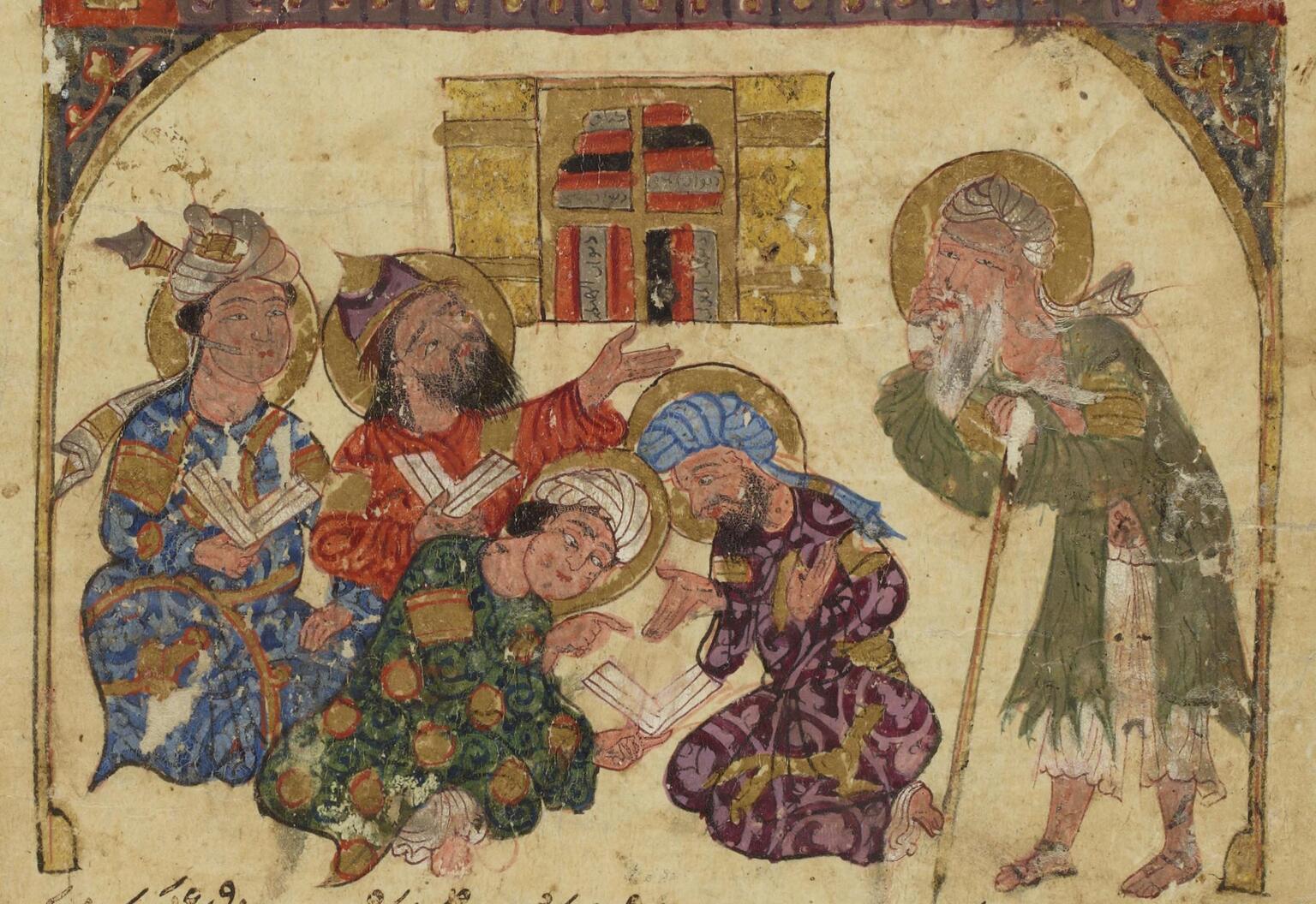 Illustration of four turbaned, haloed men in front of a bookshelf reading and discussing books and gesturing toward a fifth standing white-bearded man with a staff.