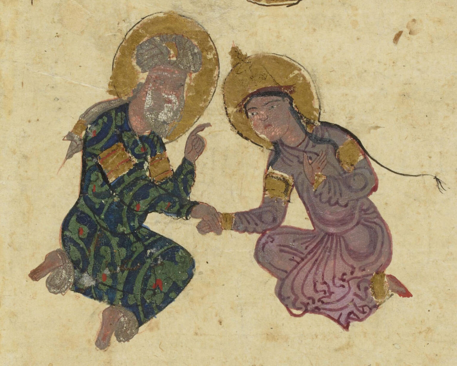 Illustration of two golden-haloed figures in robes, one white-haired and bearded and the other younger, holding hands and gesturing.