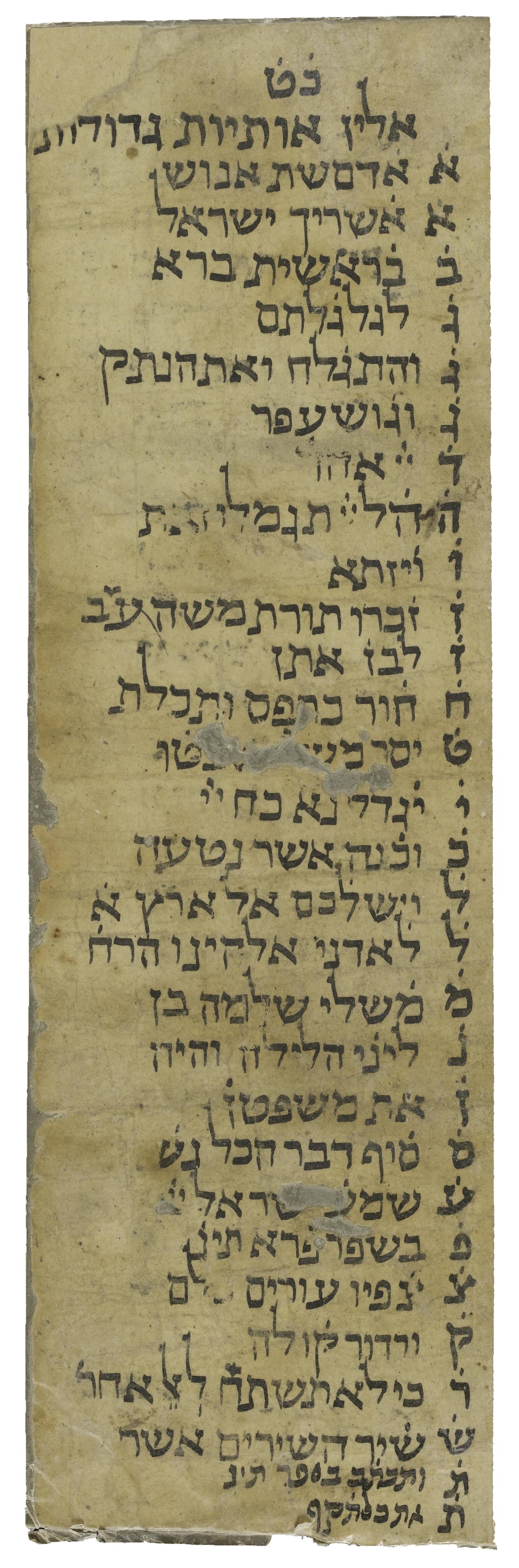 Vertical strip of parchment with handwritten Hebrew text, each line labeled with a consecutive letter of the Hebrew alphabet.