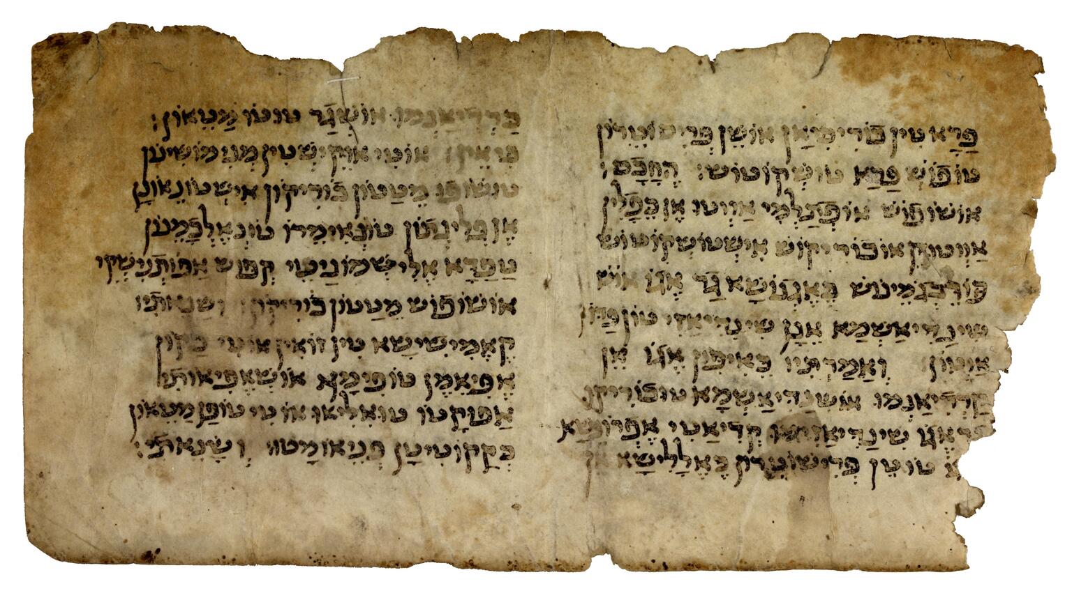 Facing pages of parchment with Hebrew script.