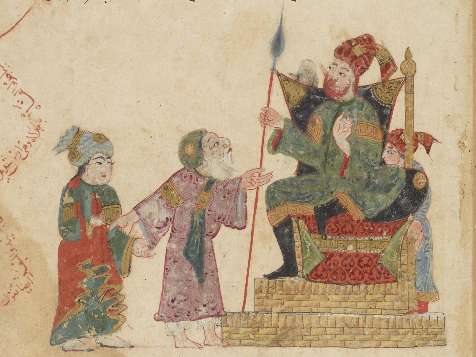 Colorful illustration of four figures: a woman with her arm held by a white-bearded man, both standing before a red-bearded man on a throne holding a spear, with a fourth figure hiding behind him, all wearing decorated turbans and robes, with Arabic text zig-zagging along the side.