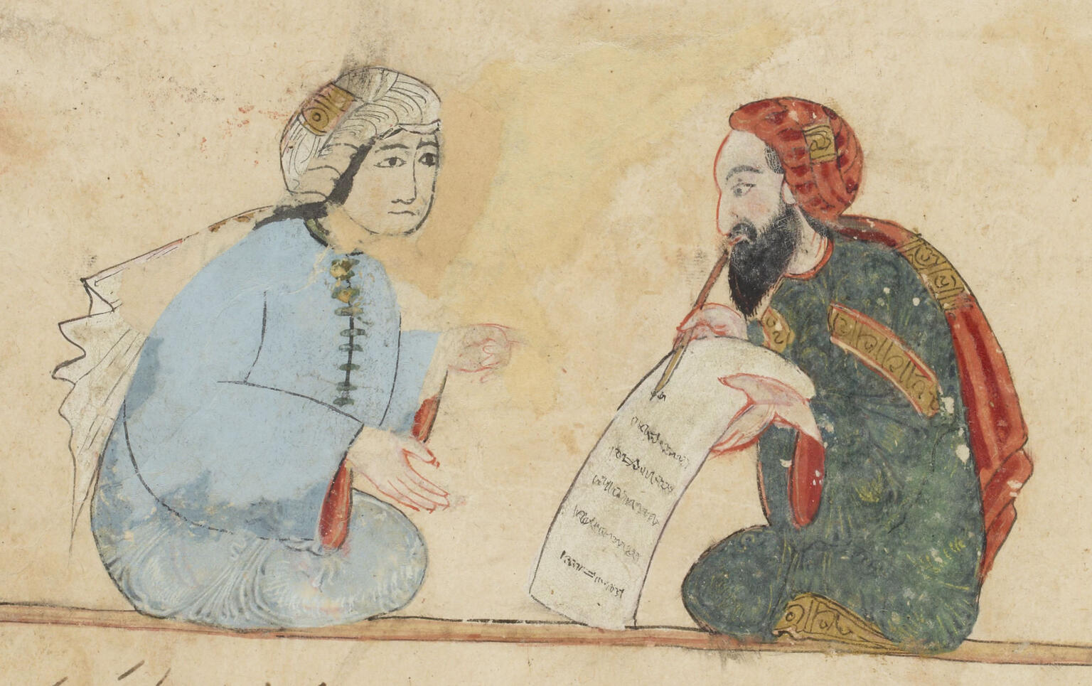 Colorful illustration showing two facing seated figures in robes and long turbans, one bearded and writing on a scroll with a pen and the other gesturing.