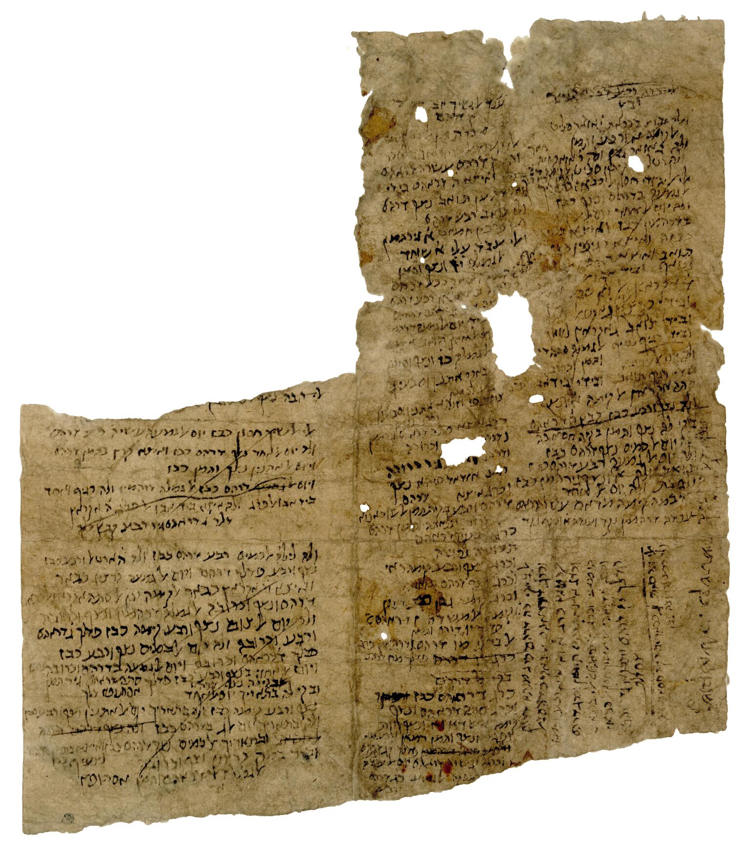 Damaged, irregular manuscript fragment with holes and roughly handwritten vowelless Hebrew filling the page in various directions, with a few sections crossed out.