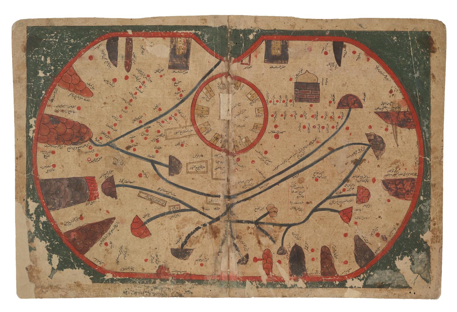 Two facing pages displaying a multi-colored map with abstract landforms, rivers, and labels in Arabic script.
