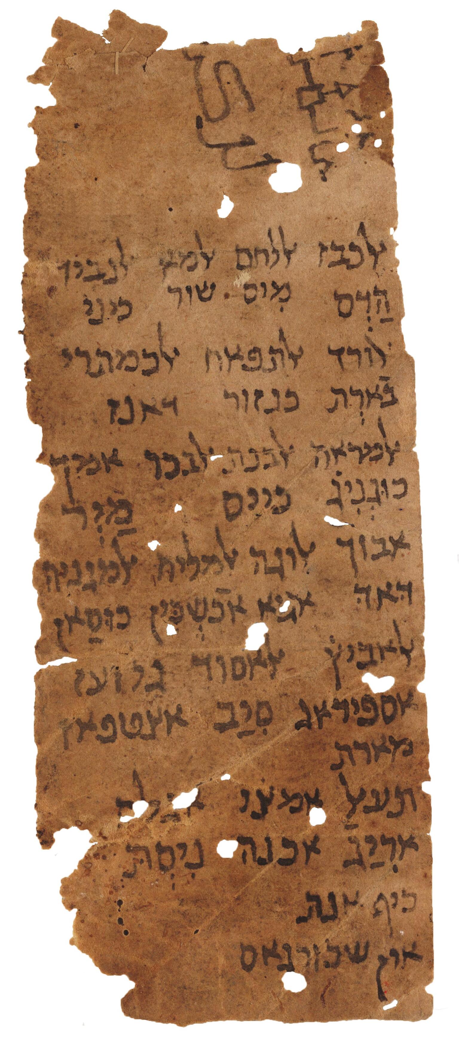 Damaged vertical parchment with fifteen lines of vowelless Hebrew script below two simple drawings, with several holes and tears.