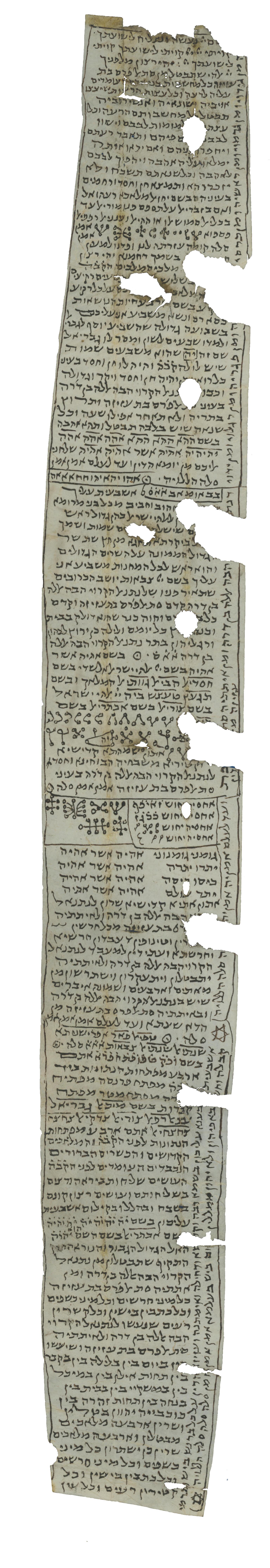 Long, narrow, damaged vertical parchment with dense Hebrew script, occasionally underlined or boxed, and with various diagrams and symbols scattered throughout and text running along the right edge, which has several large gouges and holes.
