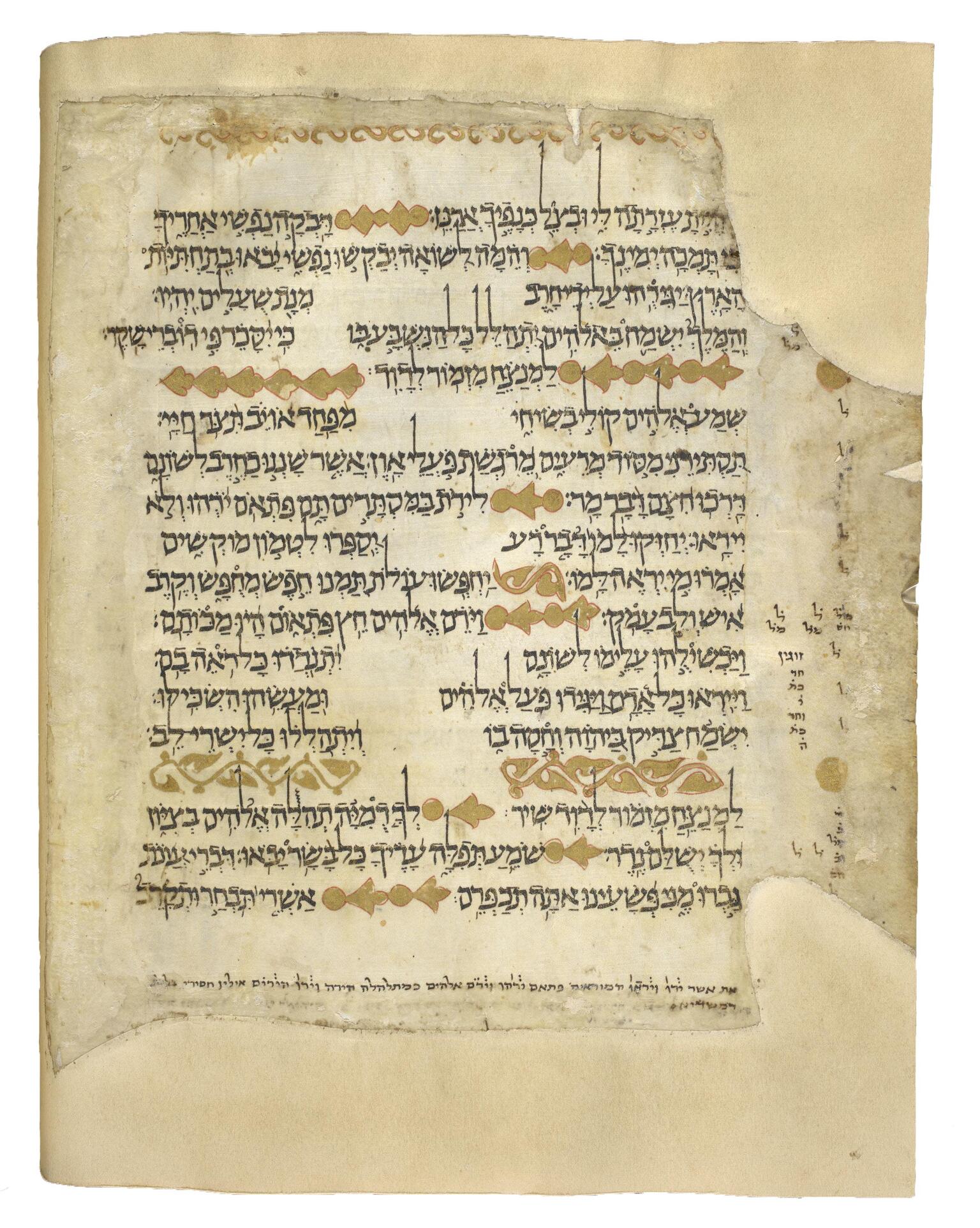 Damaged manuscript page with Hebrew script among which are strings of golden floral and circular decorative patterns, surrounded by small vowelless notes and golden decorations.