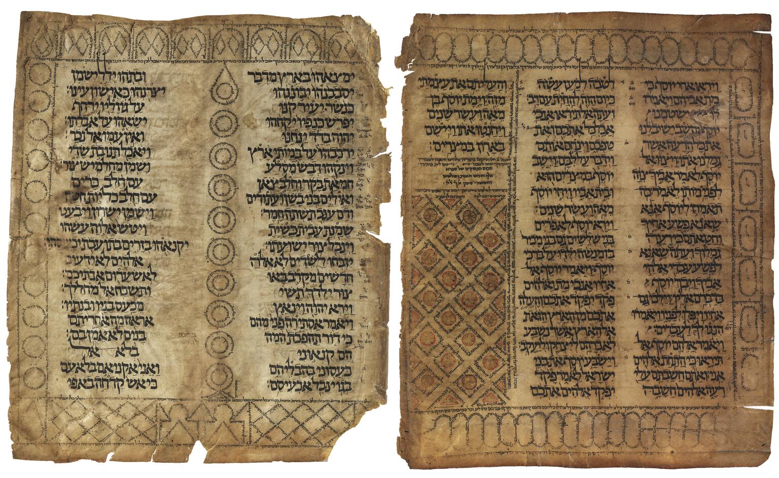 Two damaged parchment pages with Hebrew in columns surrounded by geometric micrographic decorations, including a pattern of red and yellow floral circles surrounded by boxes of text.