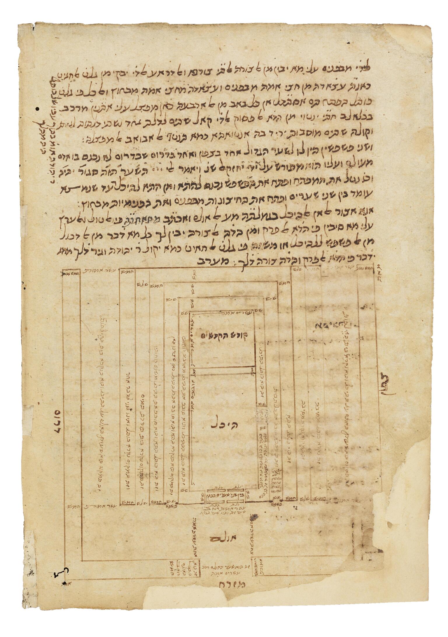 Stained manuscript page with small, vowelless handwritten Hebrew text at the top and, below, a schematic diagram with Hebrew labels.