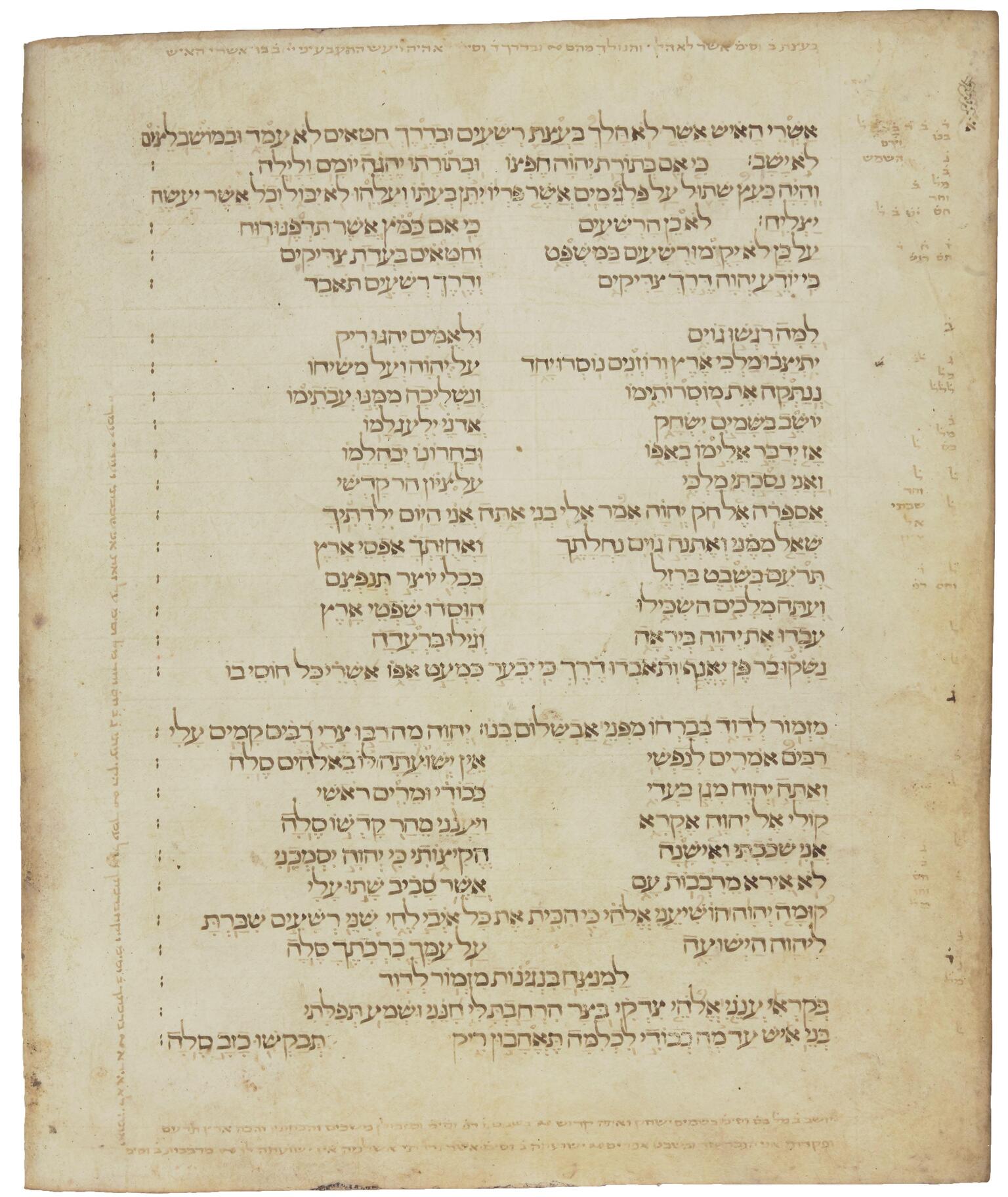 Manuscript page with Hebrew script divided largely into two columns, with lighter-colored vowels and notes around the edge.