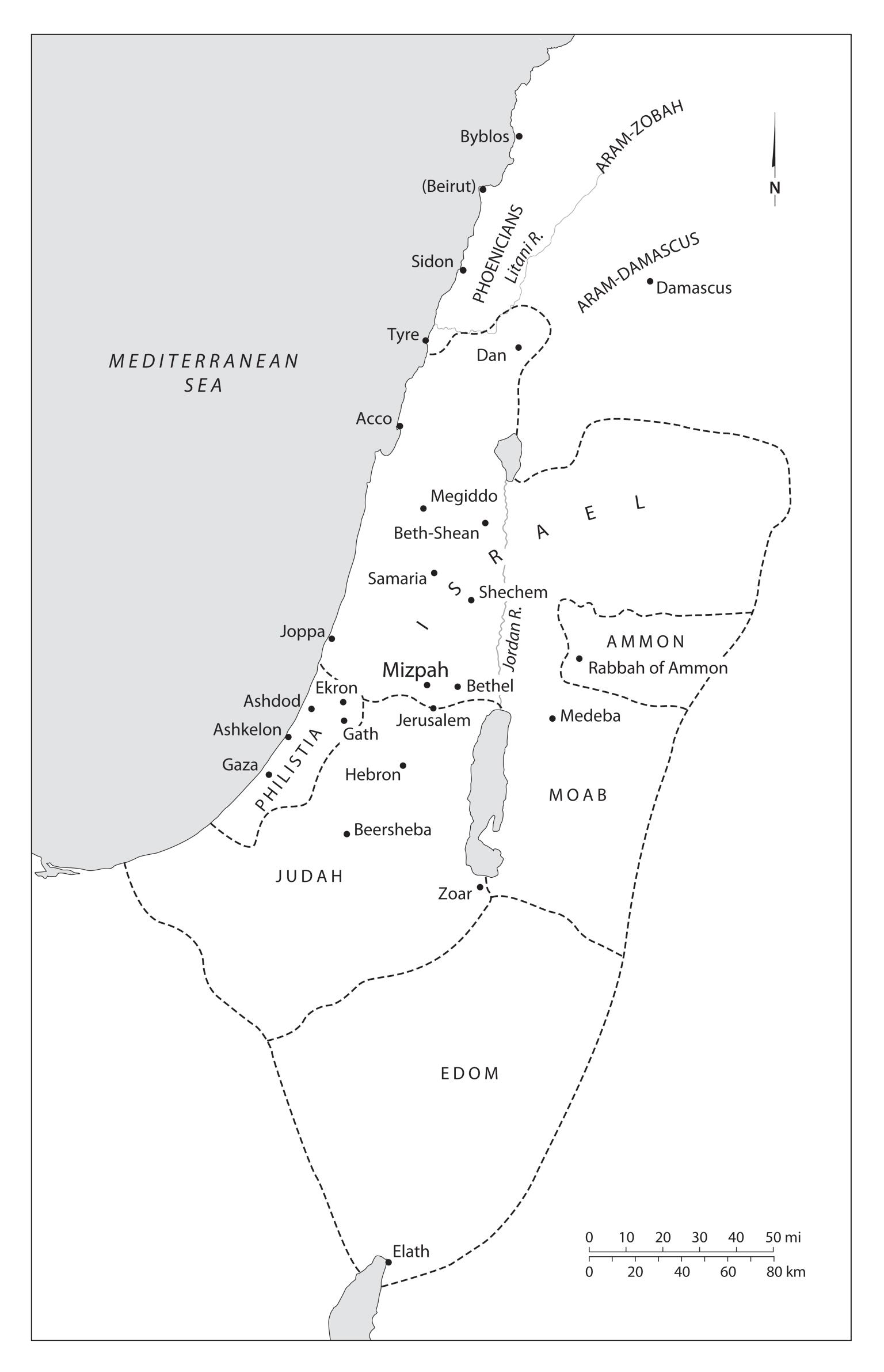 Map of Israel, Judah, and neighboring areas labeled in English. 