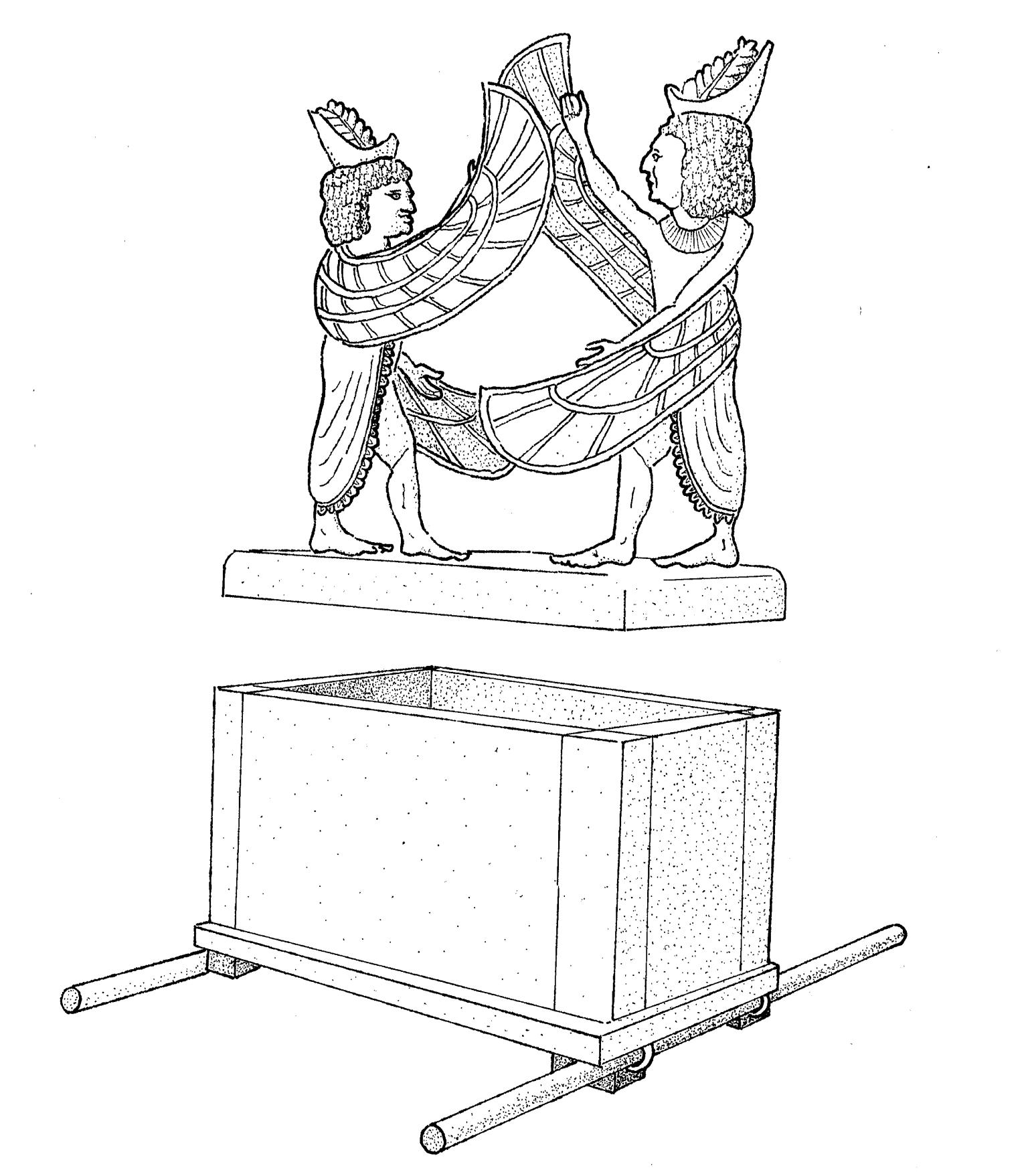 Rectangular box and separated lid with two winged figures standing across from each other.