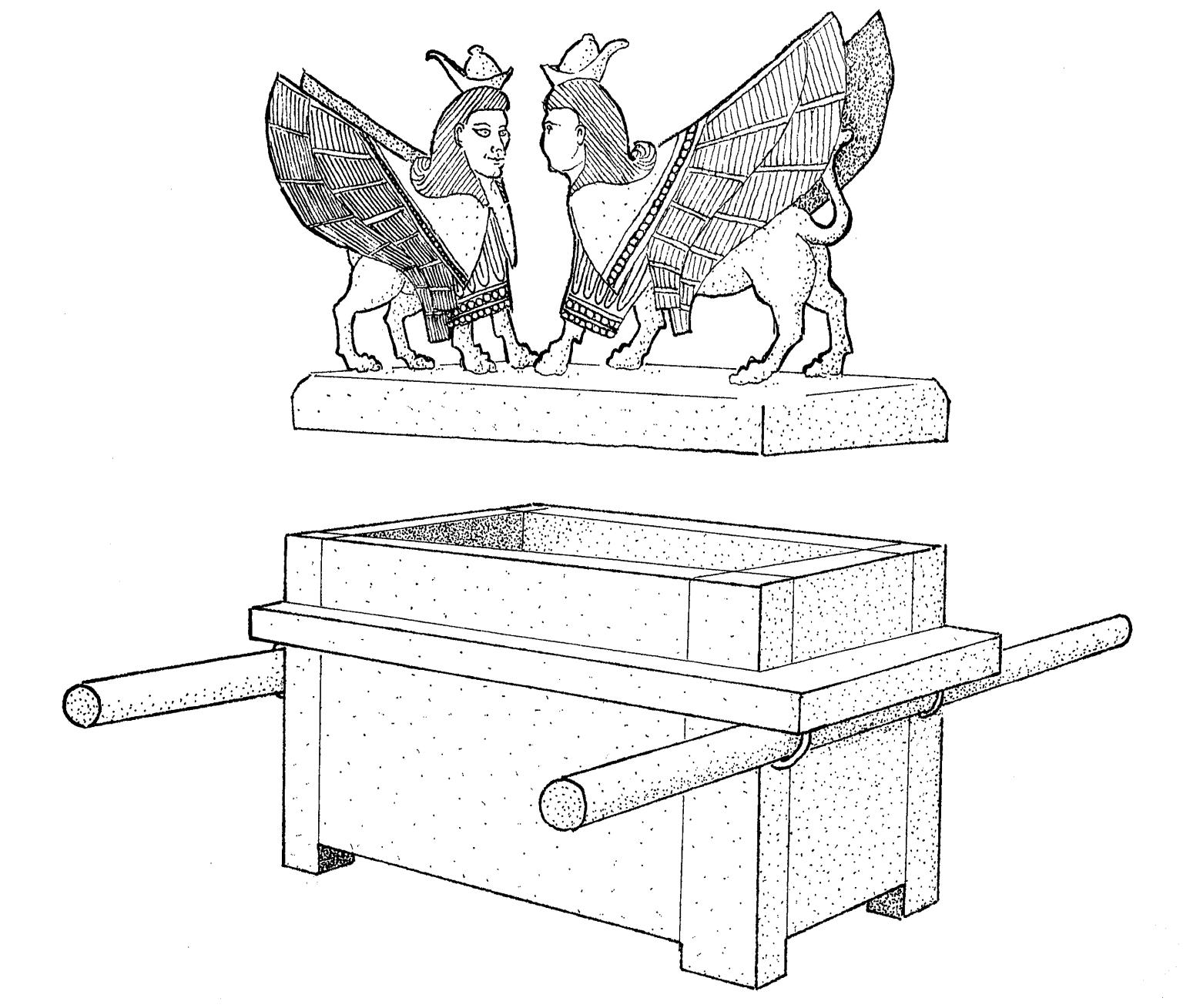 Rectangular box and separated lid with two winged figures on all fours facing each other.