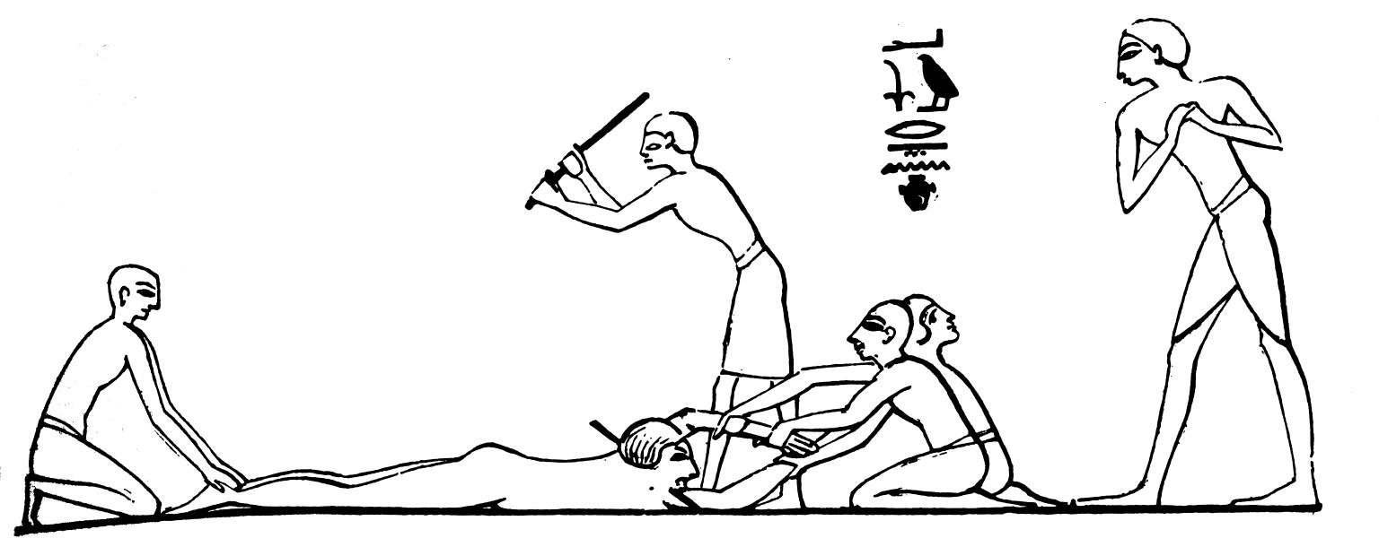 Drawing of man held down as another prepares to hit him with a stick.