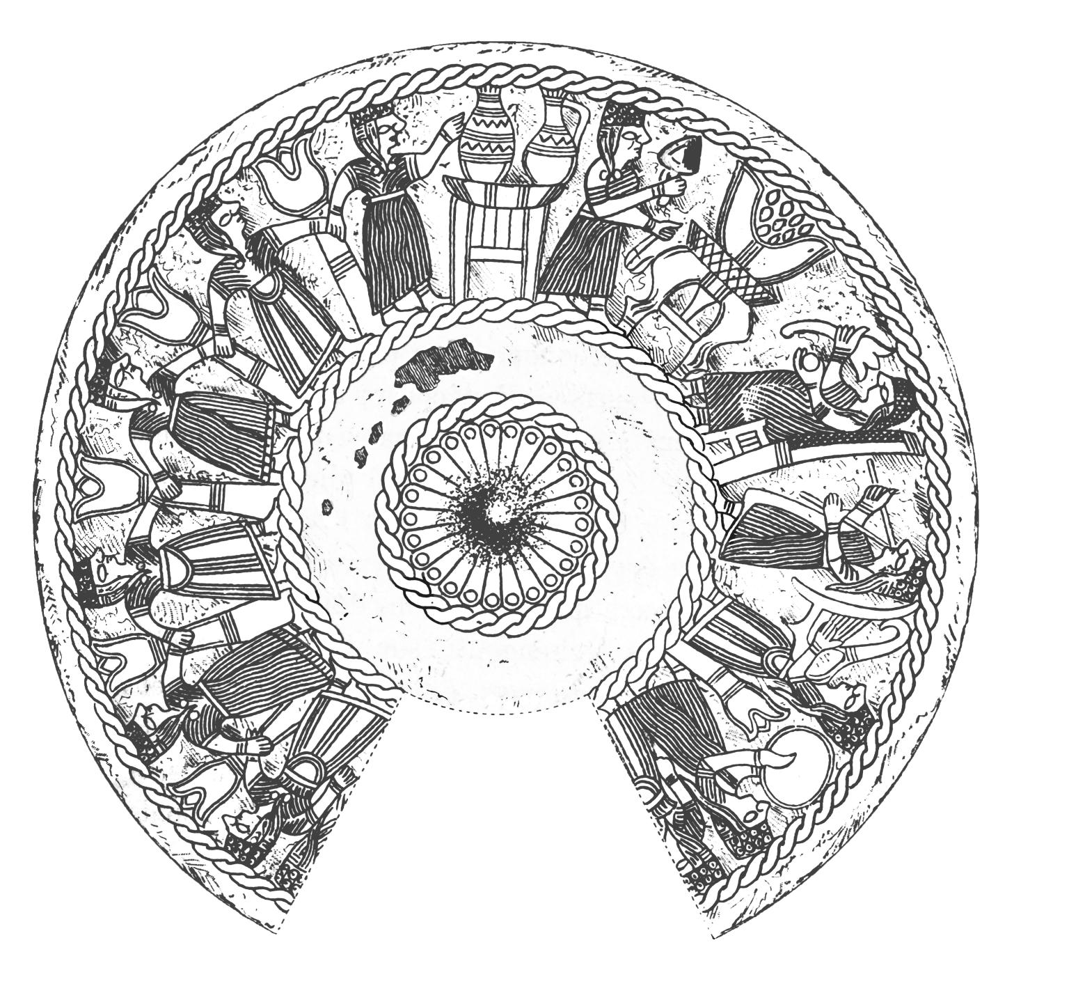 Drawing of interior of bowl with scene of seated woman and three female musicians playing a double pipe, lyre, and a frame drum or cymbals, and several women holding hands and dancing.