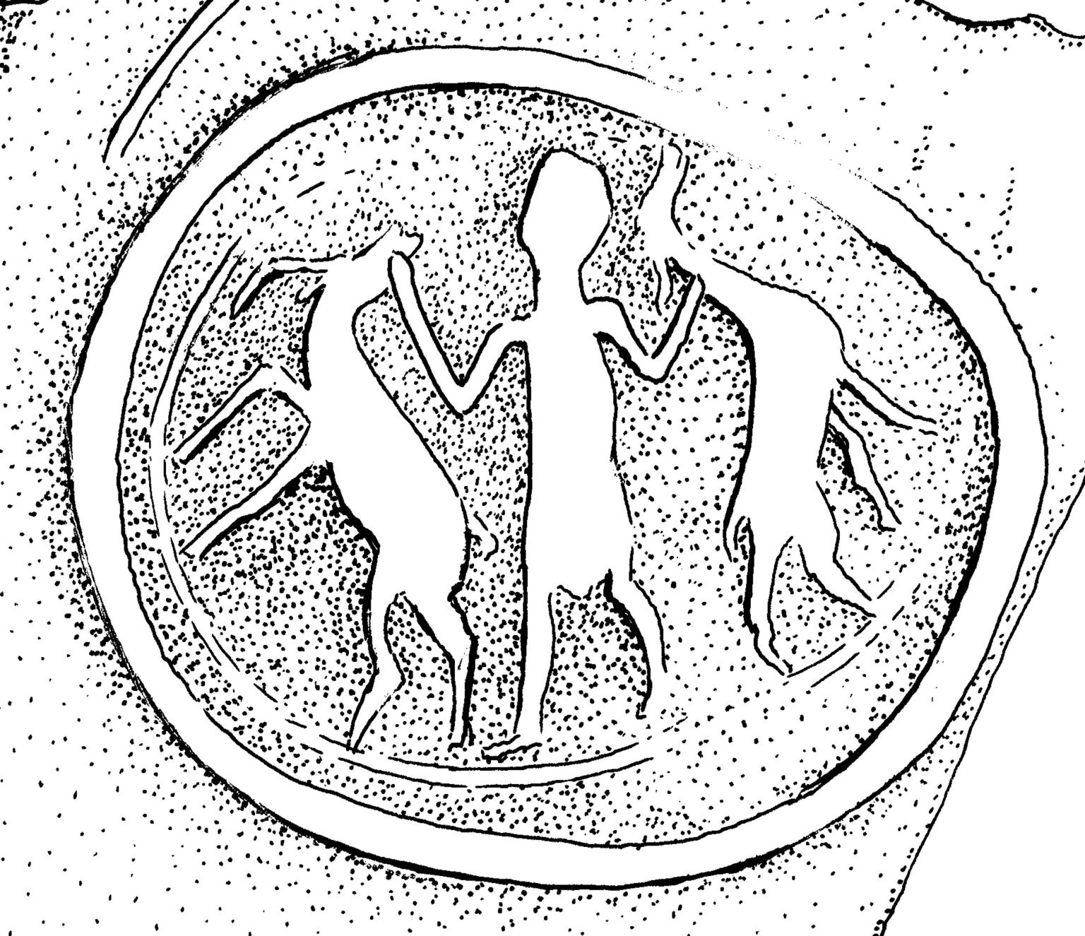 Drawing of seal impression with figure holding two ibex-like animals.