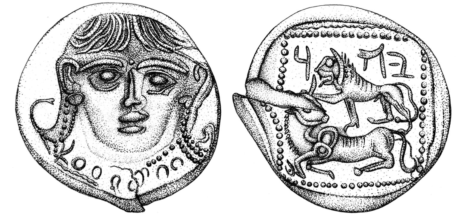 Drawings of front and back of coin, with image of face on front of coin and lion, bovine, and Hebrew inscription on back of coin.