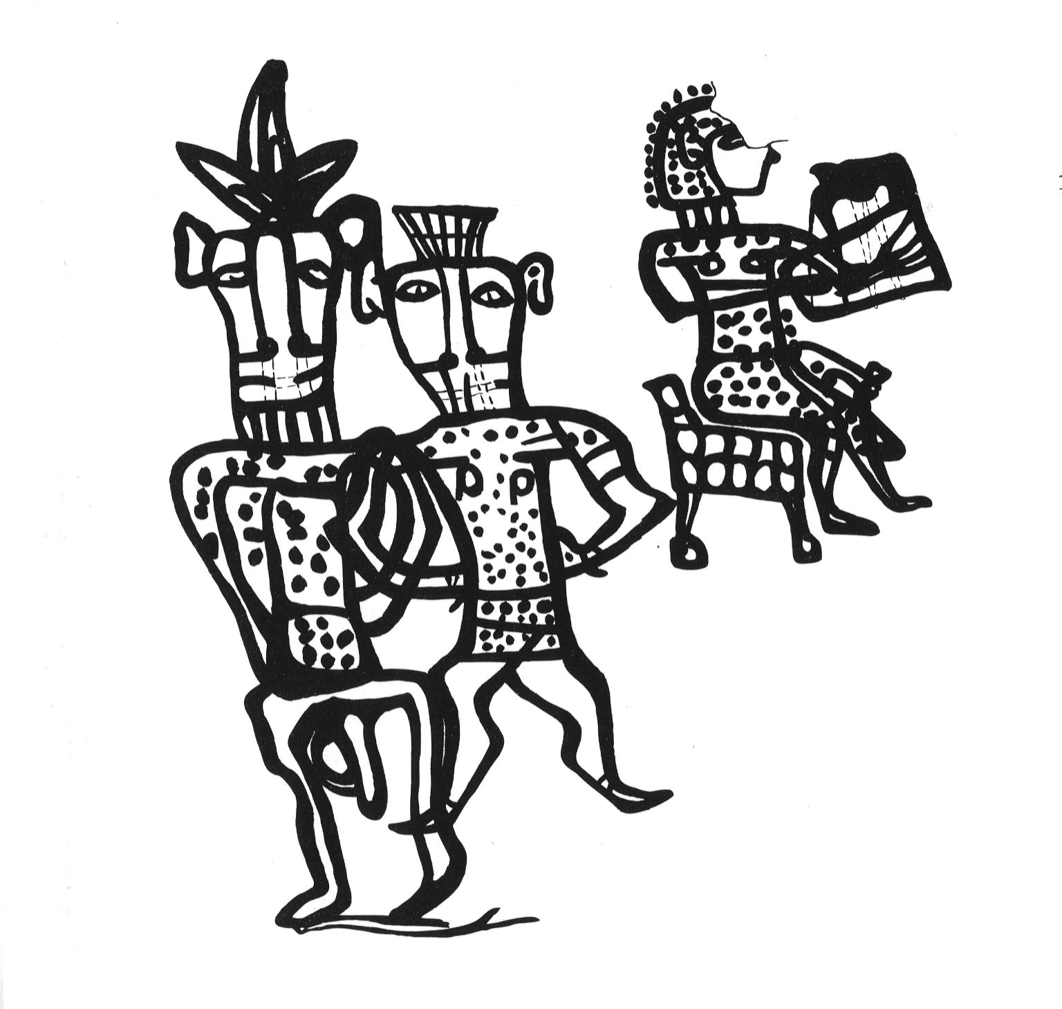Drawing of two figures in headdresses and a lyre player, decorated with dots. 