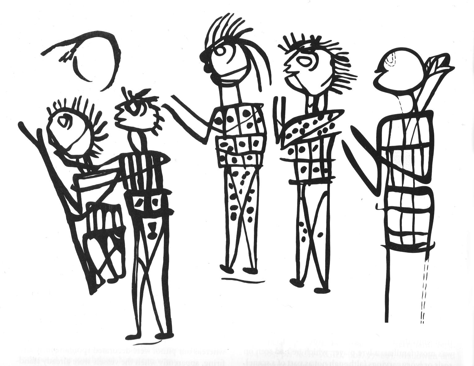 Drawing depicting five people with raised forearms.