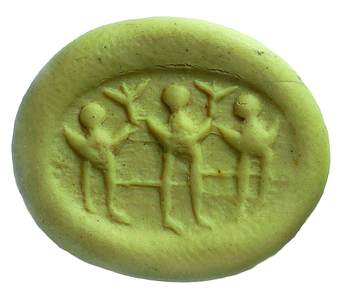 Wax impression depicting three people with raised arms holding up T-shaped objects.