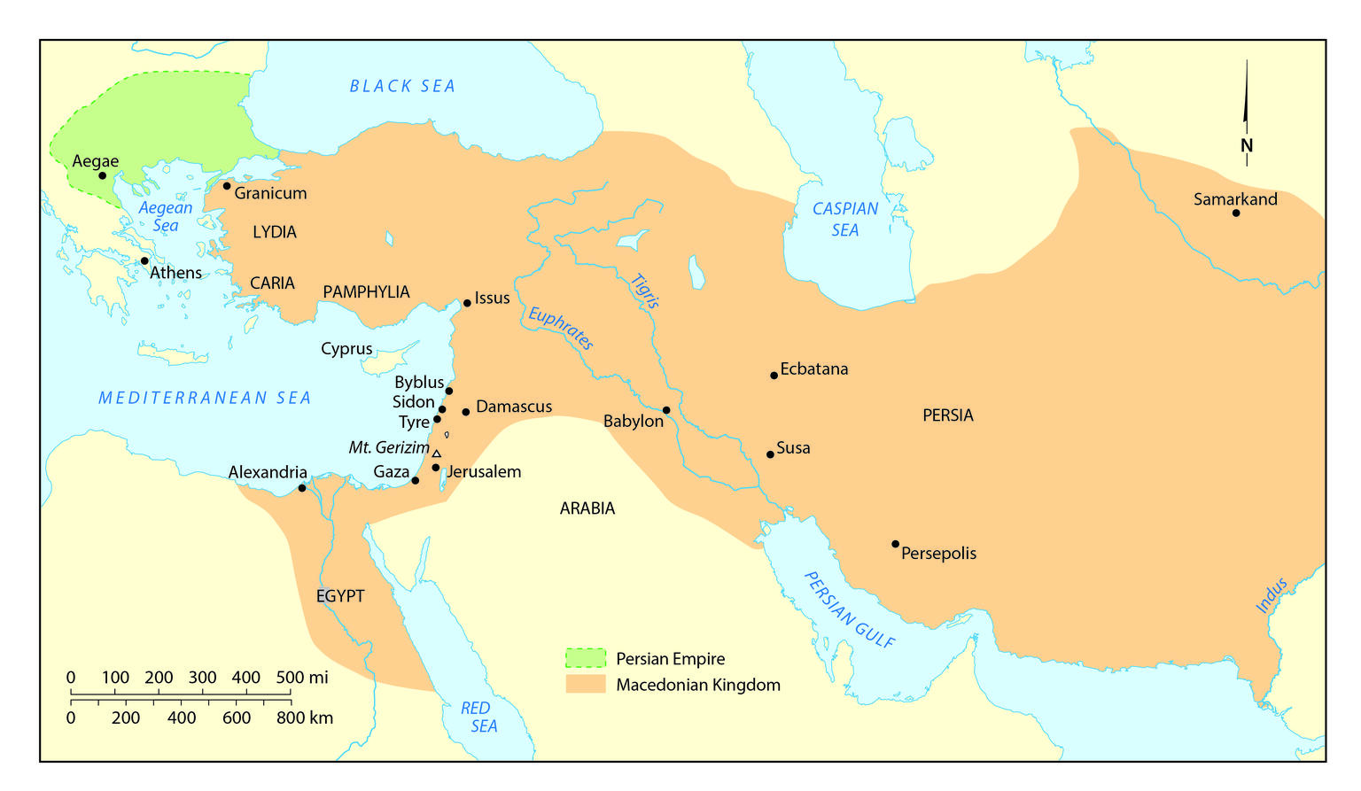 Map showing the Persian Empire in beige, the Macedonian Kingdom in green, and major ancient cities and regions, including Persia, Babylon, Egypt, and Athens, bordered by seas such as the Mediterranean and Caspian.