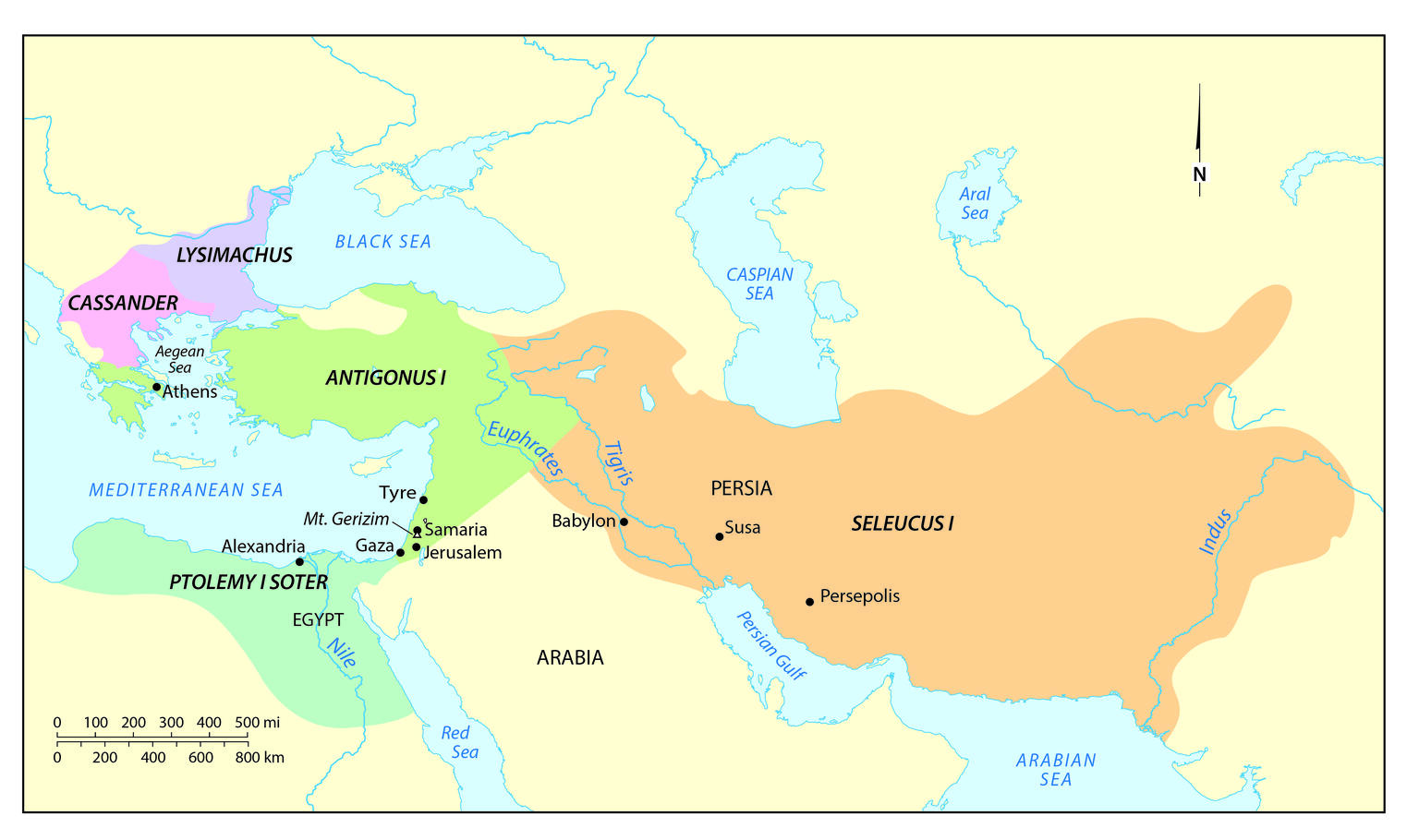 Map showing the division of Alexander the Great's empire among his successors: Cassander (Greece), Lysimachus (Thrace), Antigonus I (Asia Minor), Ptolemy I Soter (Egypt), and Seleucus I (Persia). Major cities are labeled.