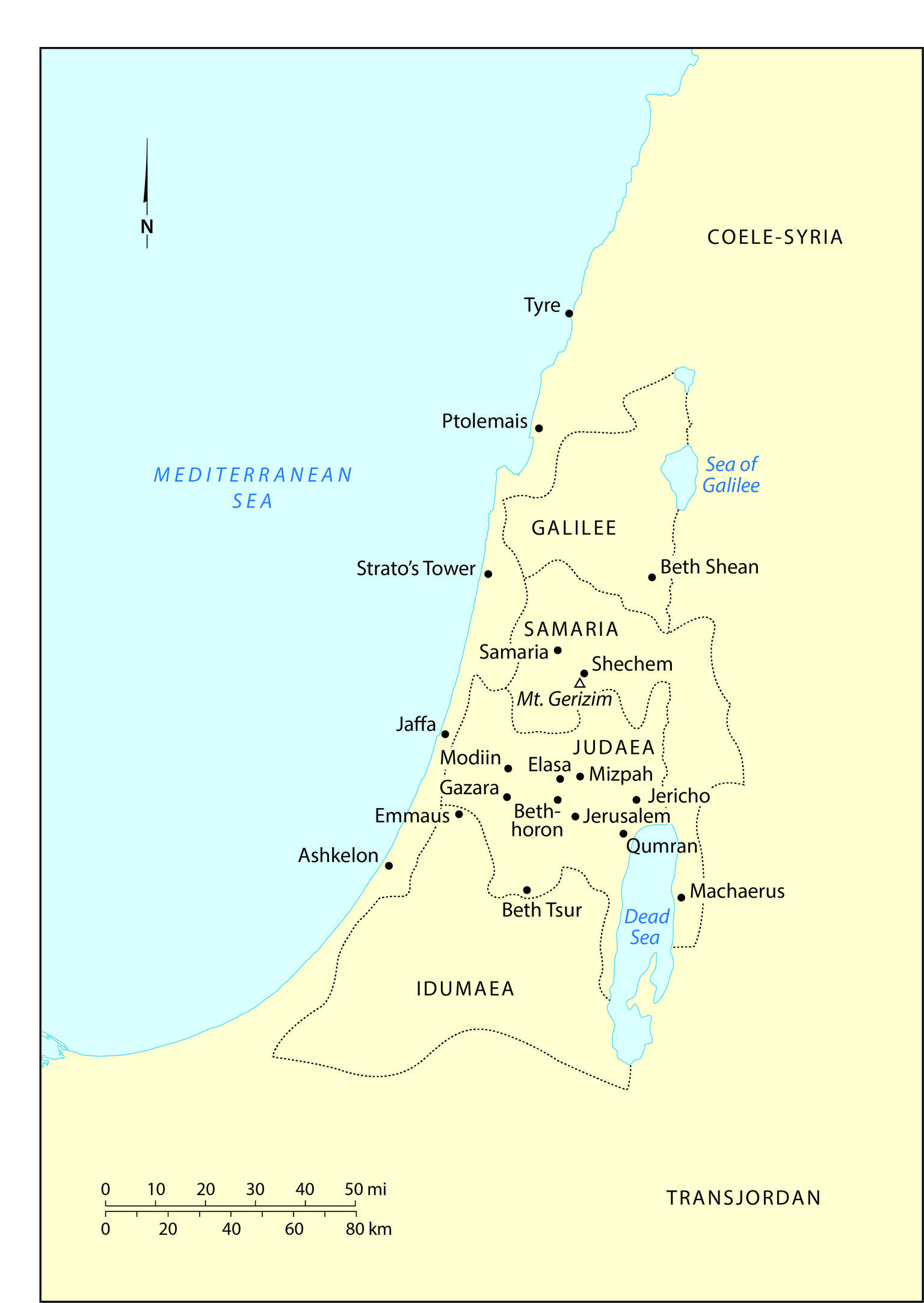 Map of ancient Galilee, Samaria, Judaea, and Idumaea, and surrounding areas, with cities such as Jerusalem, Jericho, and Ashkelon labeled.