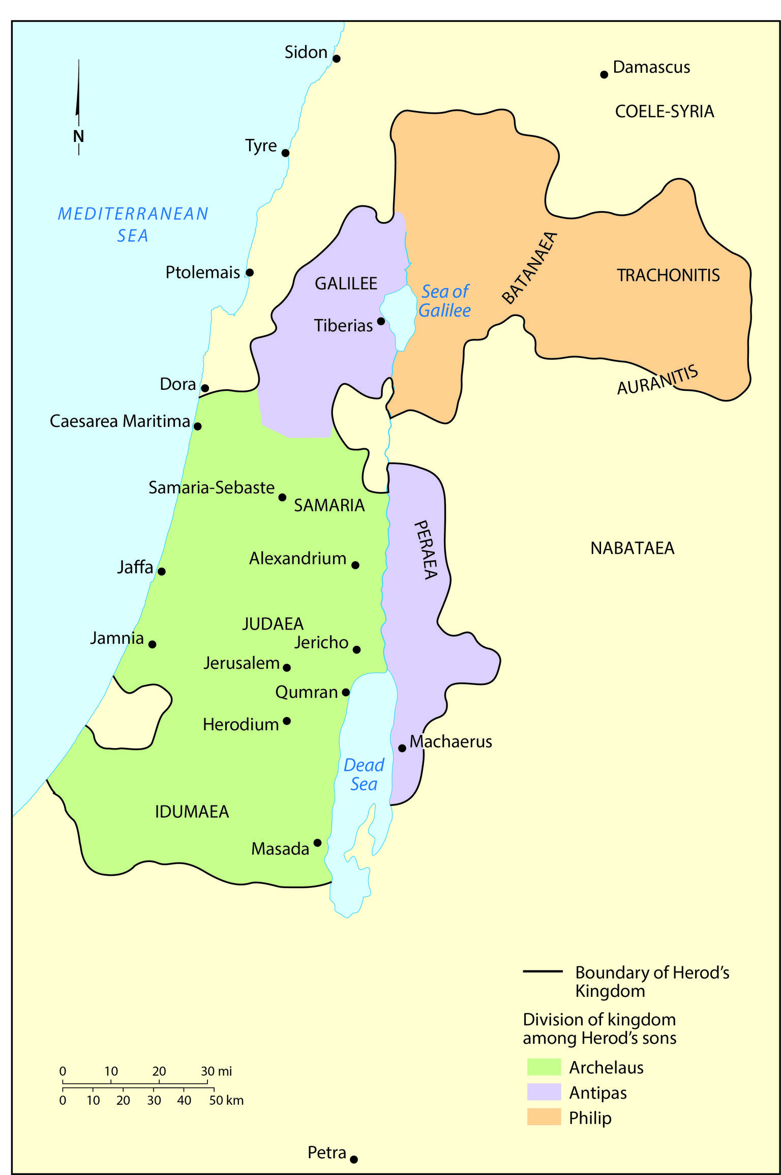 Map showing the division of Herod's kingdom among his sons: Archelaus (Samaria, Judaea, and Idumaea), Antipas (Galilee and Peraea), and Philip (Batanaea, Trachonitis, and Auranitis), with labeled cities and surrounding regions.
