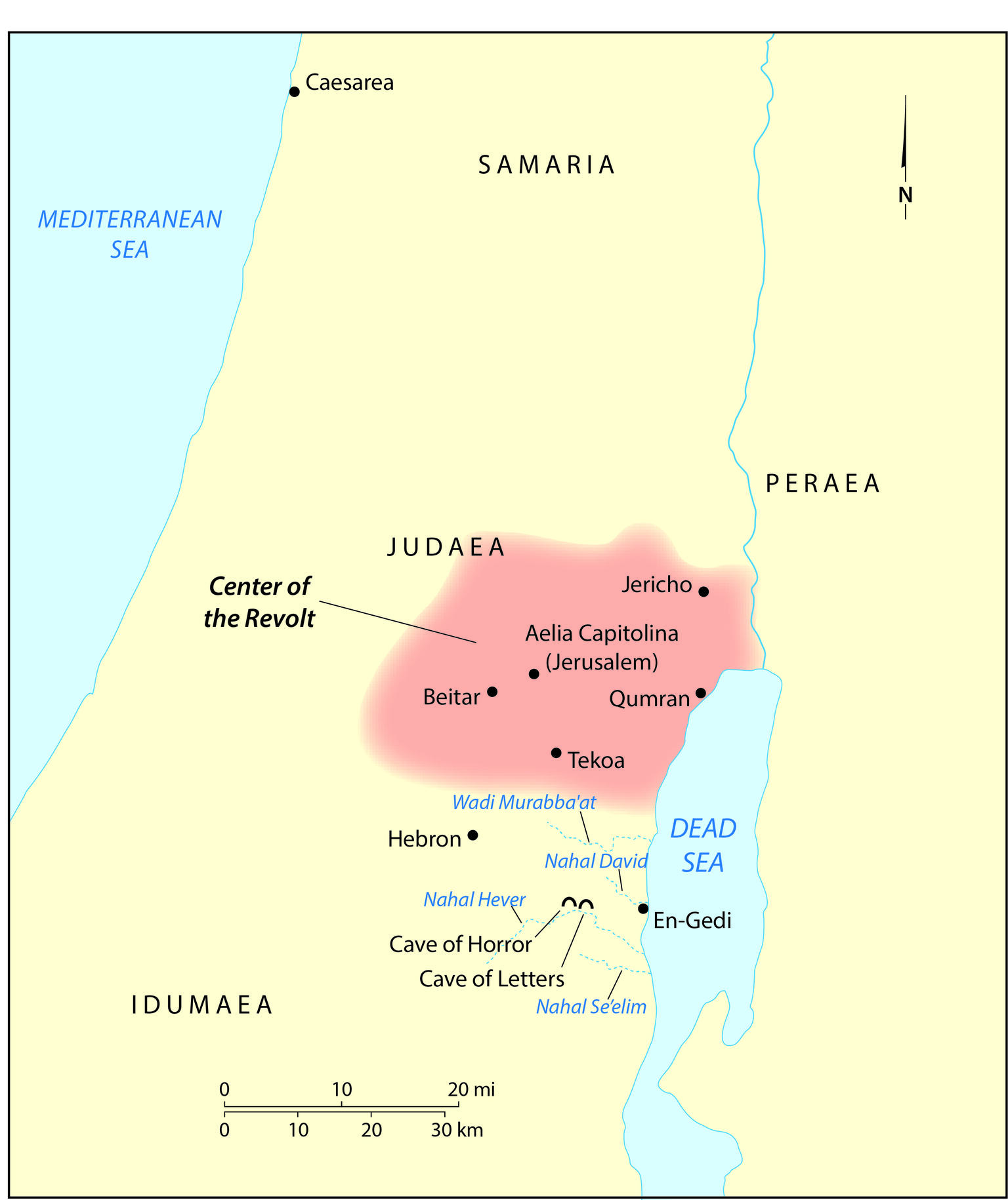 Map of ancient Judaea, highlighting the area of the Bar Kokhba revolt. Key cities and sites such as Jerusalem, Beitar, Hebron, and Qumran are labeled.