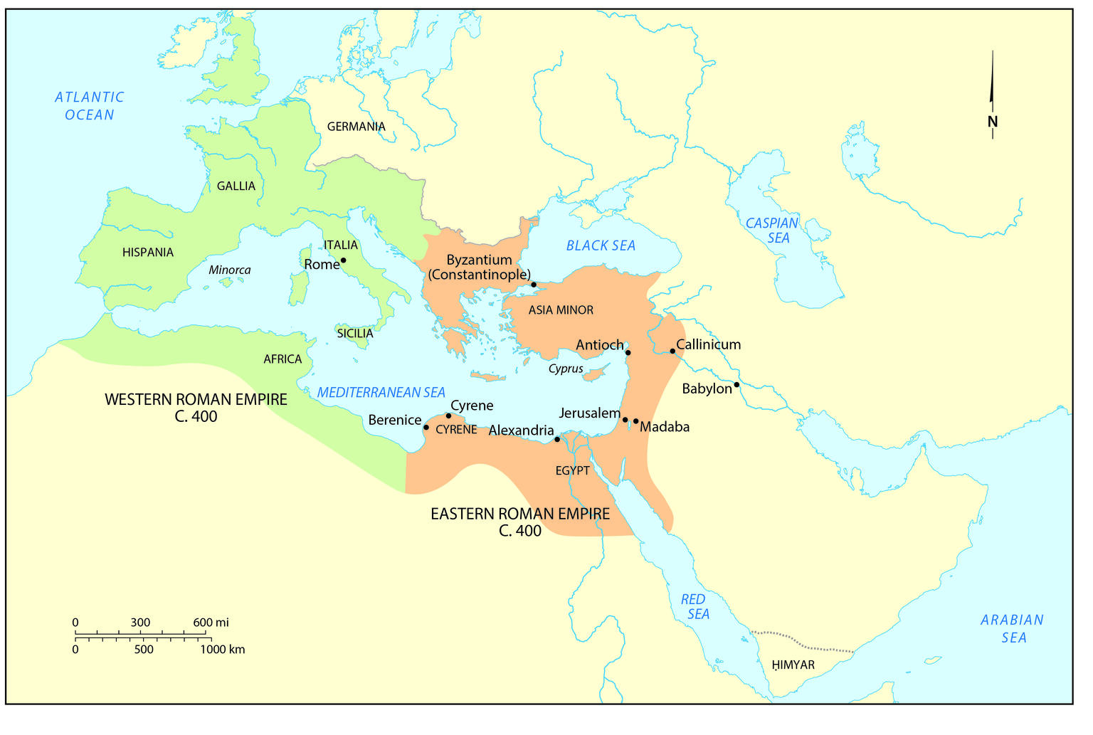 Map showing the Western Roman Empire in green and the Eastern Roman Empire in orange around 400 CE, with major cities, seas, and regions labeled, spanning parts of Europe, North Africa, and the Middle East.