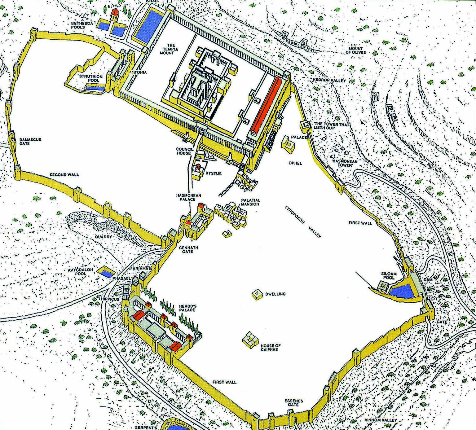 A map of ancient Jerusalem showing city walls, the Temple Mount, gates, pools, palaces, dwellings, and other structures, with labeled sections and surrounding terrain details.